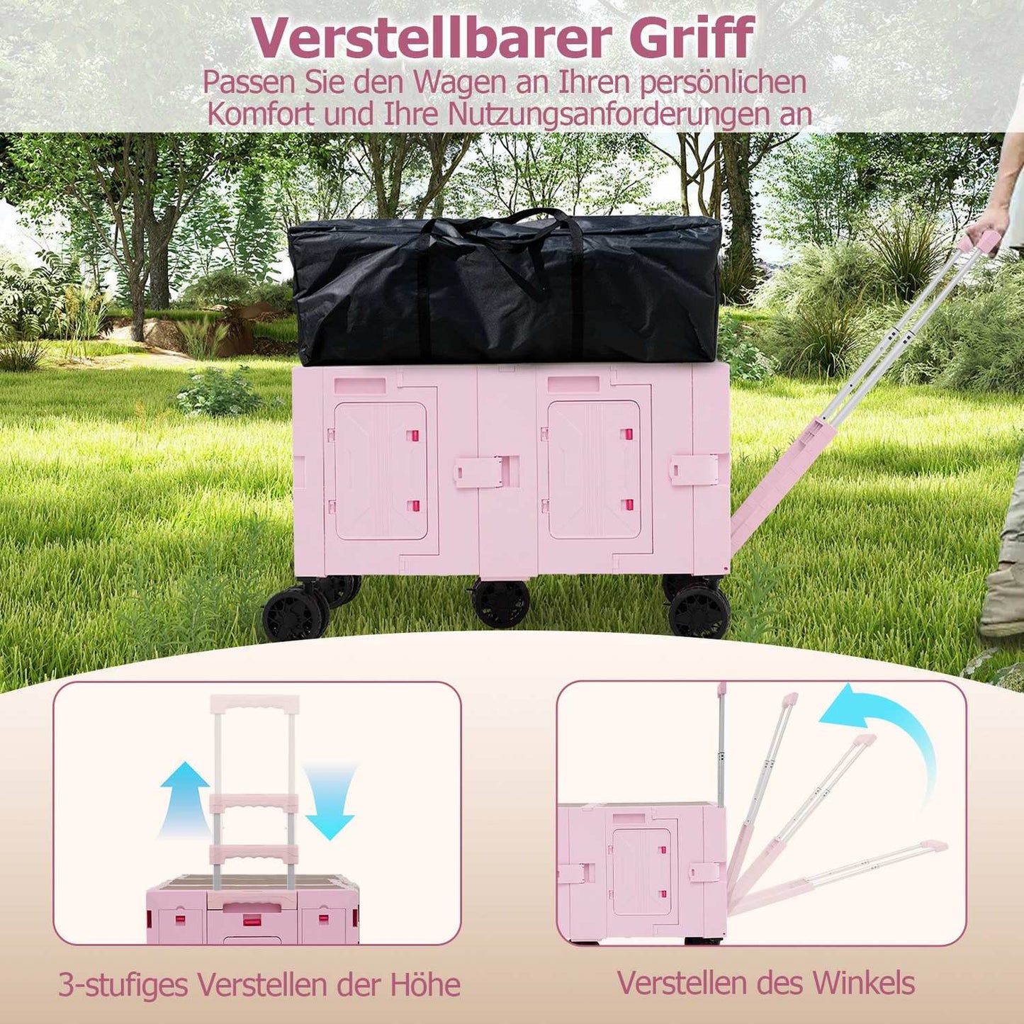 Foldable Wagon with Tabletop, Adjustable Handle, Pink