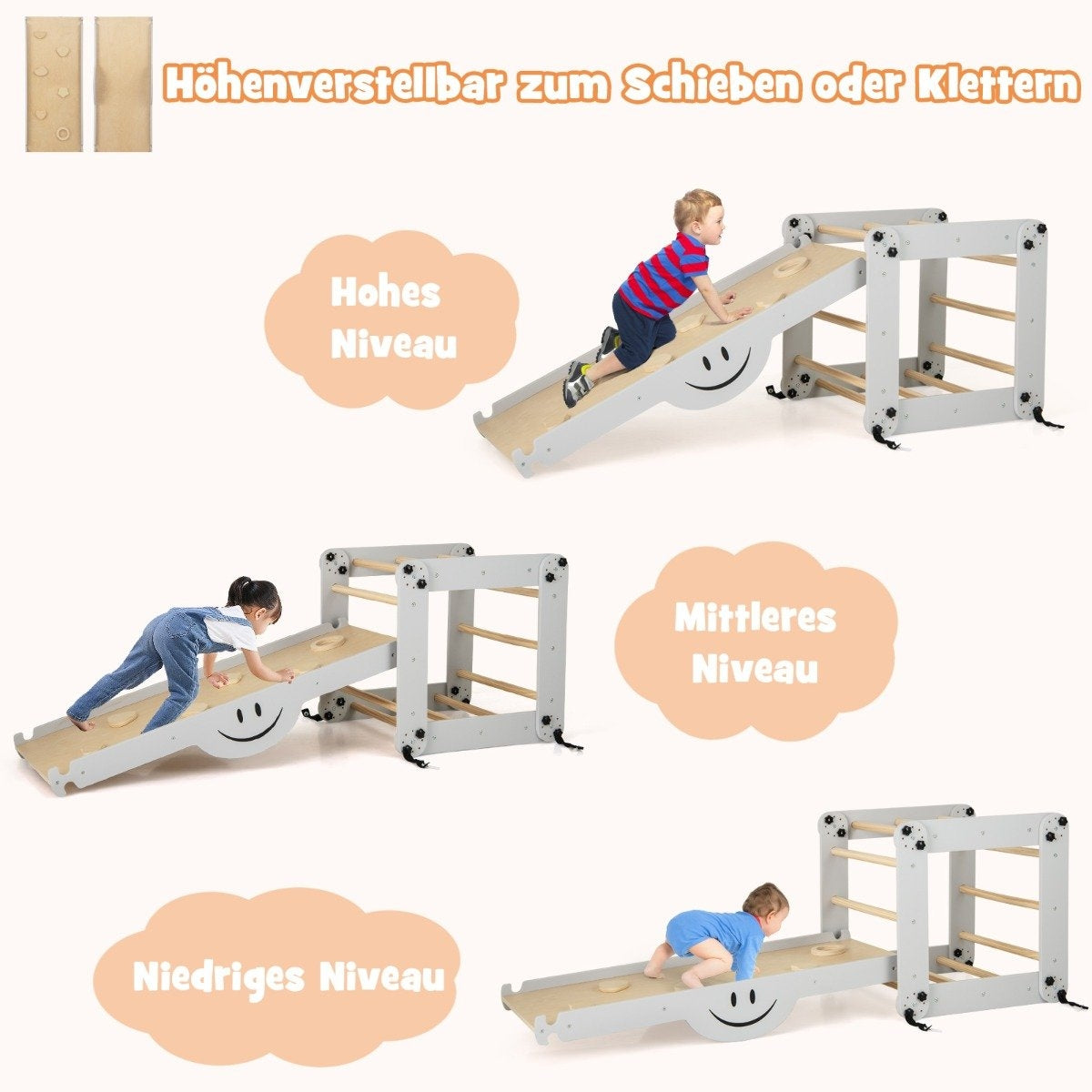 Foldable Wooden Climber Toys with Adjustable & Reversible Ramp Montessori Climbing Set Gray