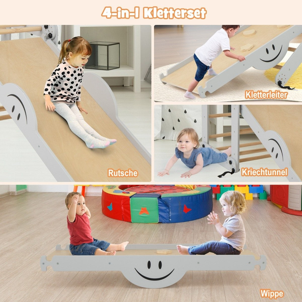 Foldable Wooden Climber Toys with Adjustable & Reversible Ramp Montessori Climbing Set Gray