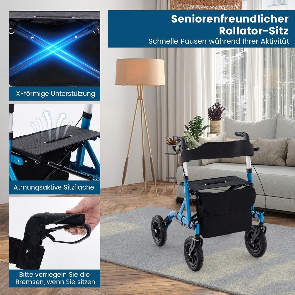 Foldable and lightweight rollator with aluminum seat up to 136kg, travel rollator blue