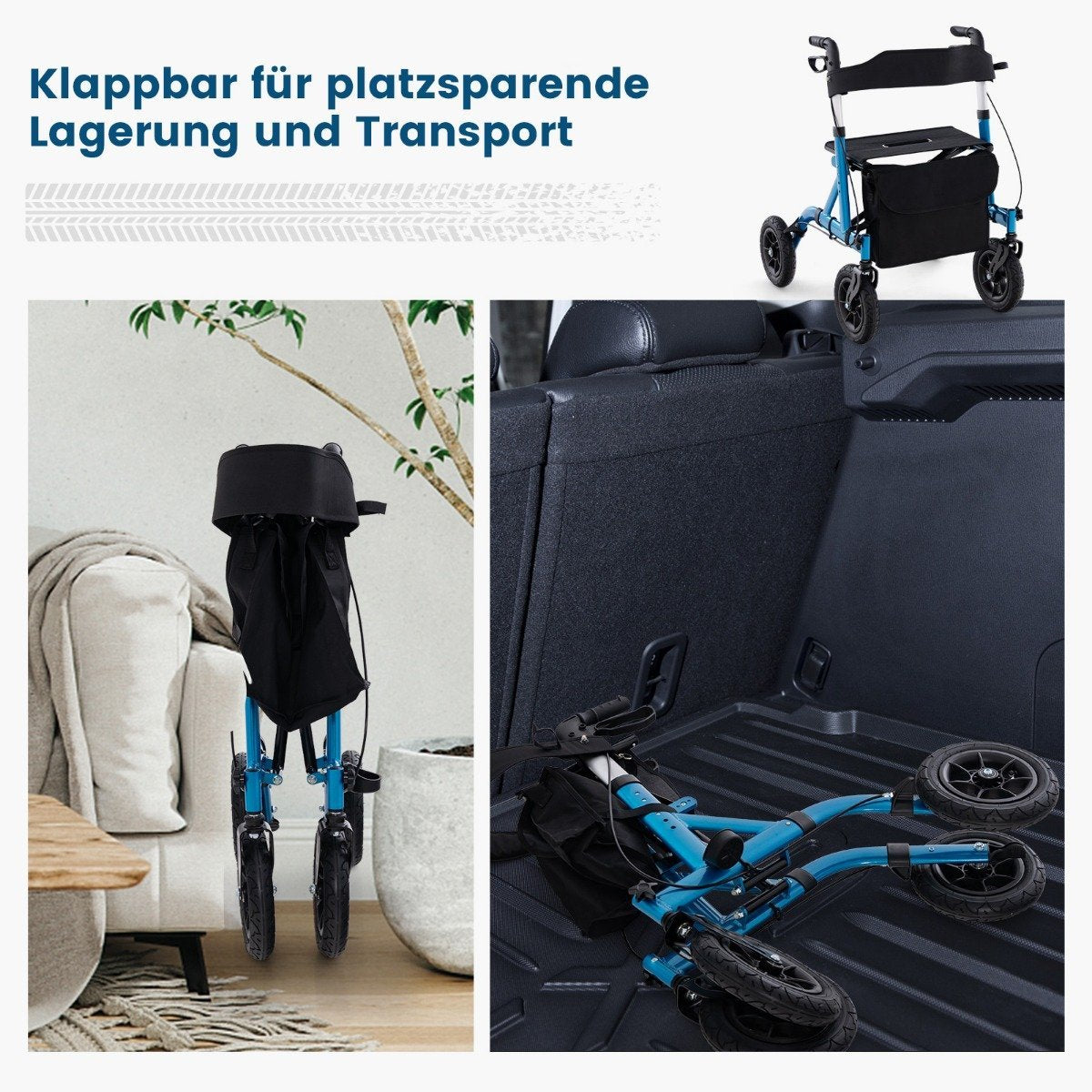 Foldable and lightweight rollator with aluminum seat up to 136kg, travel rollator blue
