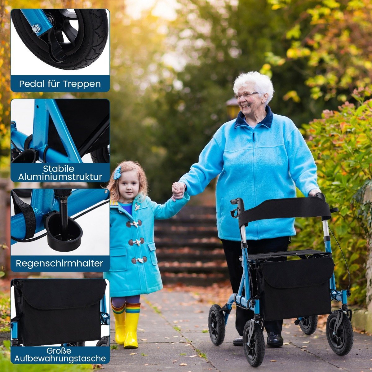 Foldable and lightweight rollator with aluminum seat up to 136kg, travel rollator blue