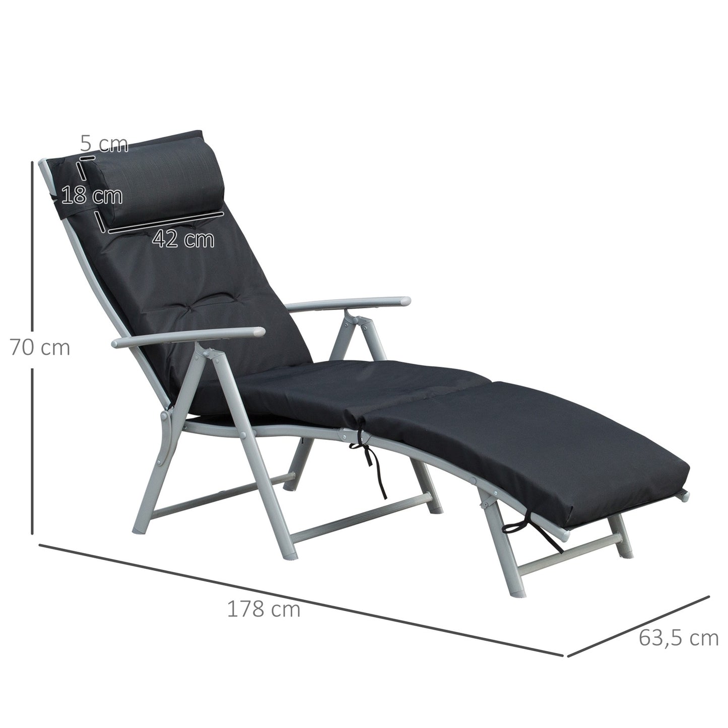 Folding beach chair, adjustable with cushion, black