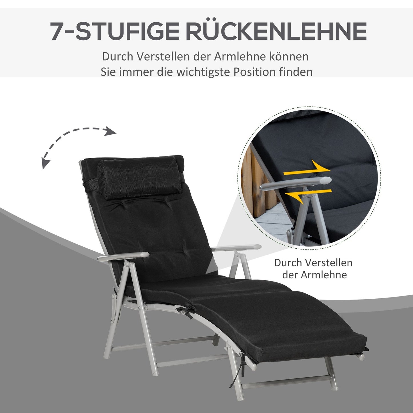 Folding beach chair, adjustable with cushion, black