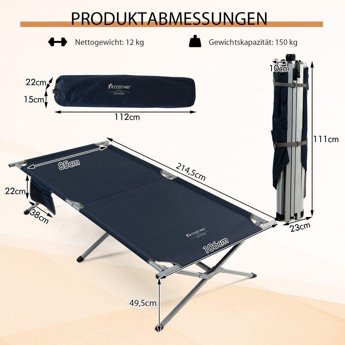 Foldable camp bed XXL 214.5 x 106 cm camping bed with side pocket