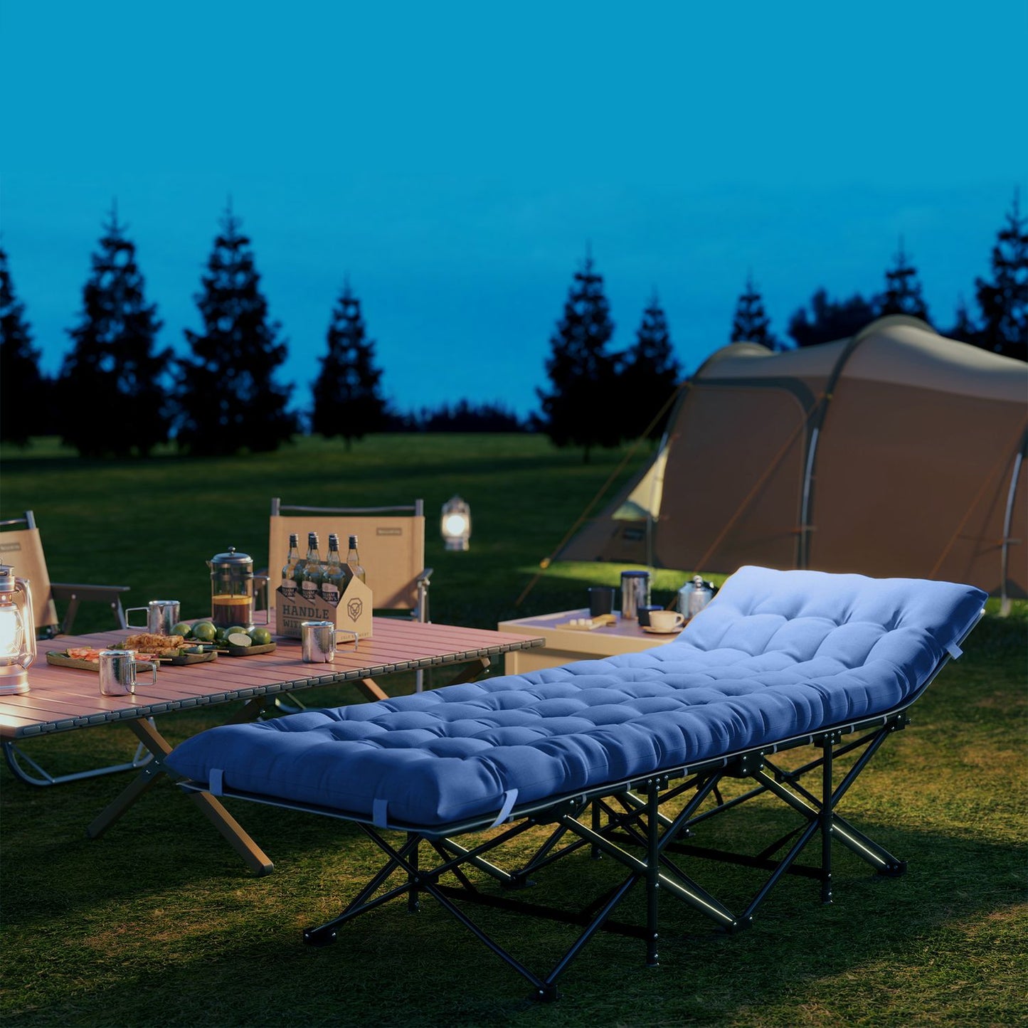 Folding camp bed with mattress and pillow - 190 cm, 150 kg limit