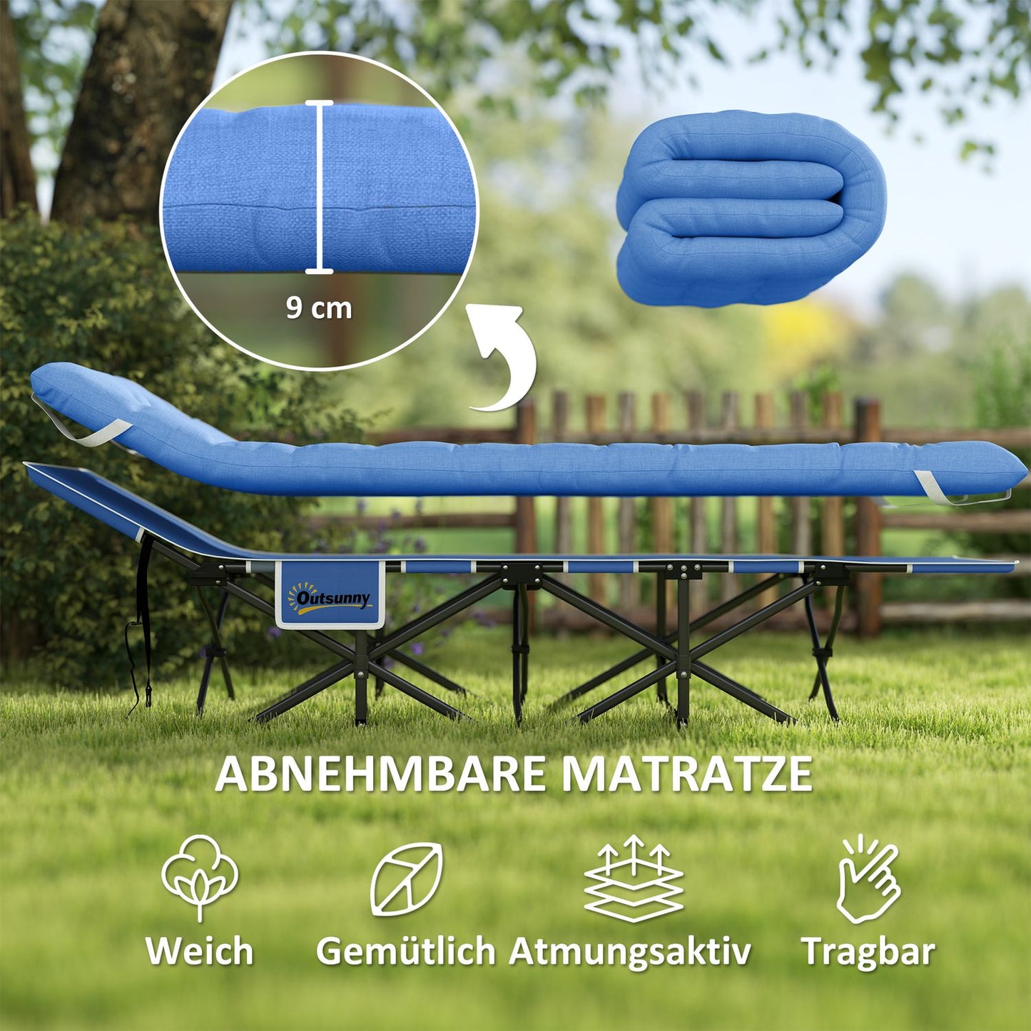 Folding camp bed with mattress and pillow - 190 cm, 150 kg limit