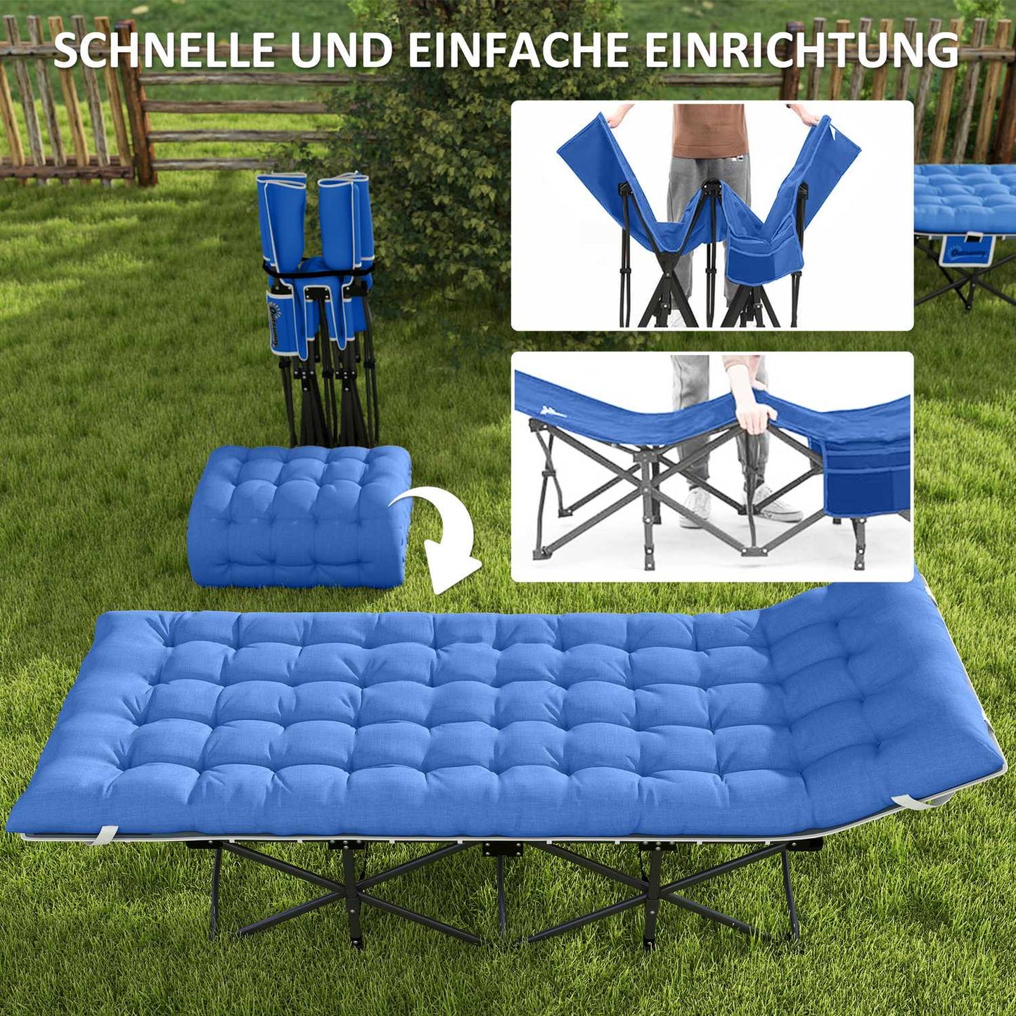 Folding camp bed with mattress and pillow - 190 cm, 150 kg limit
