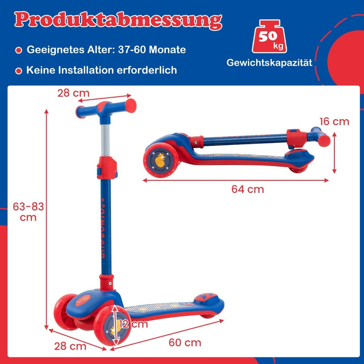 Foldable children's scooter with PU LED wheels and rear brake, height-adjustable scooter, blue