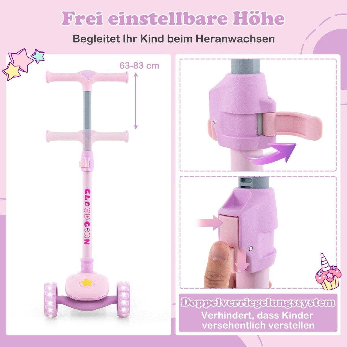 Foldable children's scooter with PU LED wheels and rear brake, height-adjustable scooter, pink