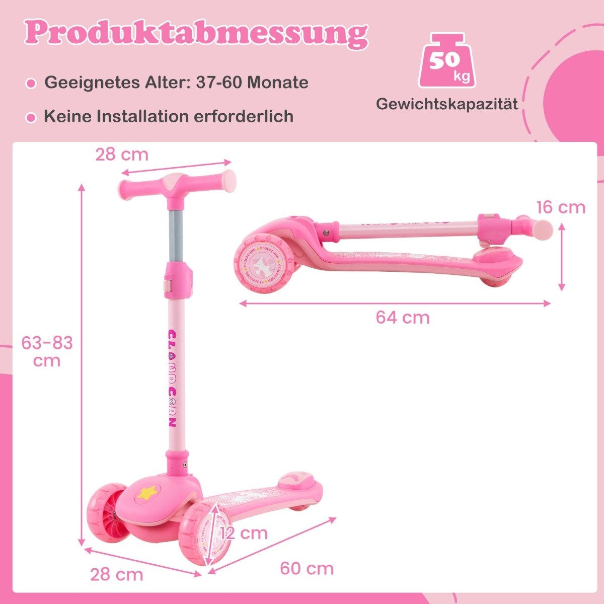 Foldable children's scooter with PU LED wheels and rear brake, height-adjustable scooter, pink