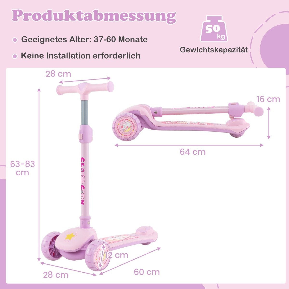Foldable children's scooter with PU LED wheels and rear brake, height-adjustable scooter, pink