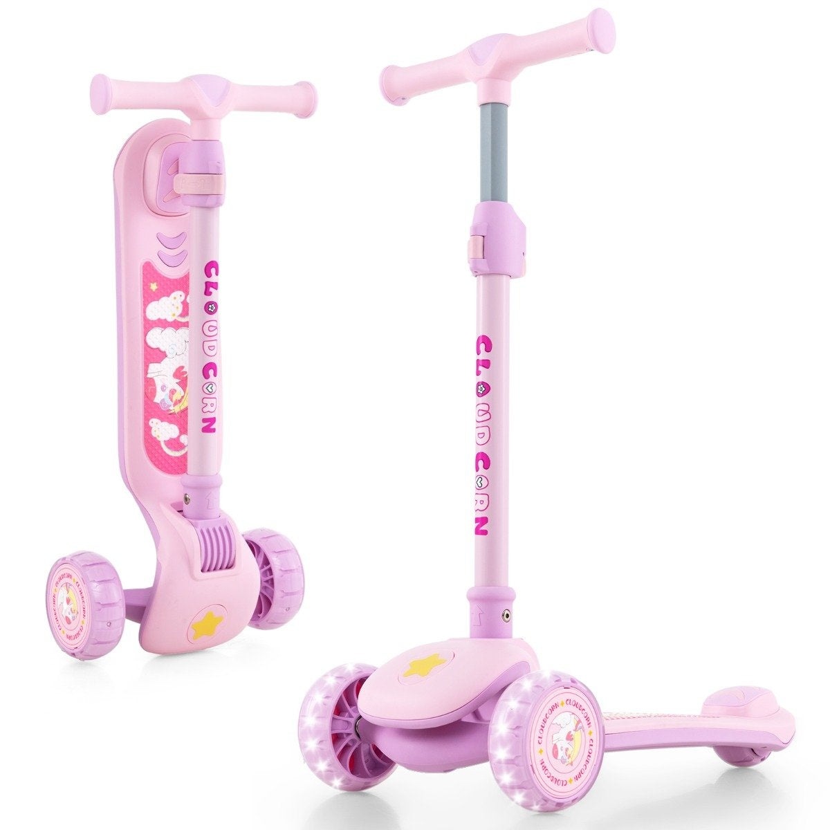 Foldable children's scooter with PU LED wheels and rear brake, height-adjustable scooter, pink