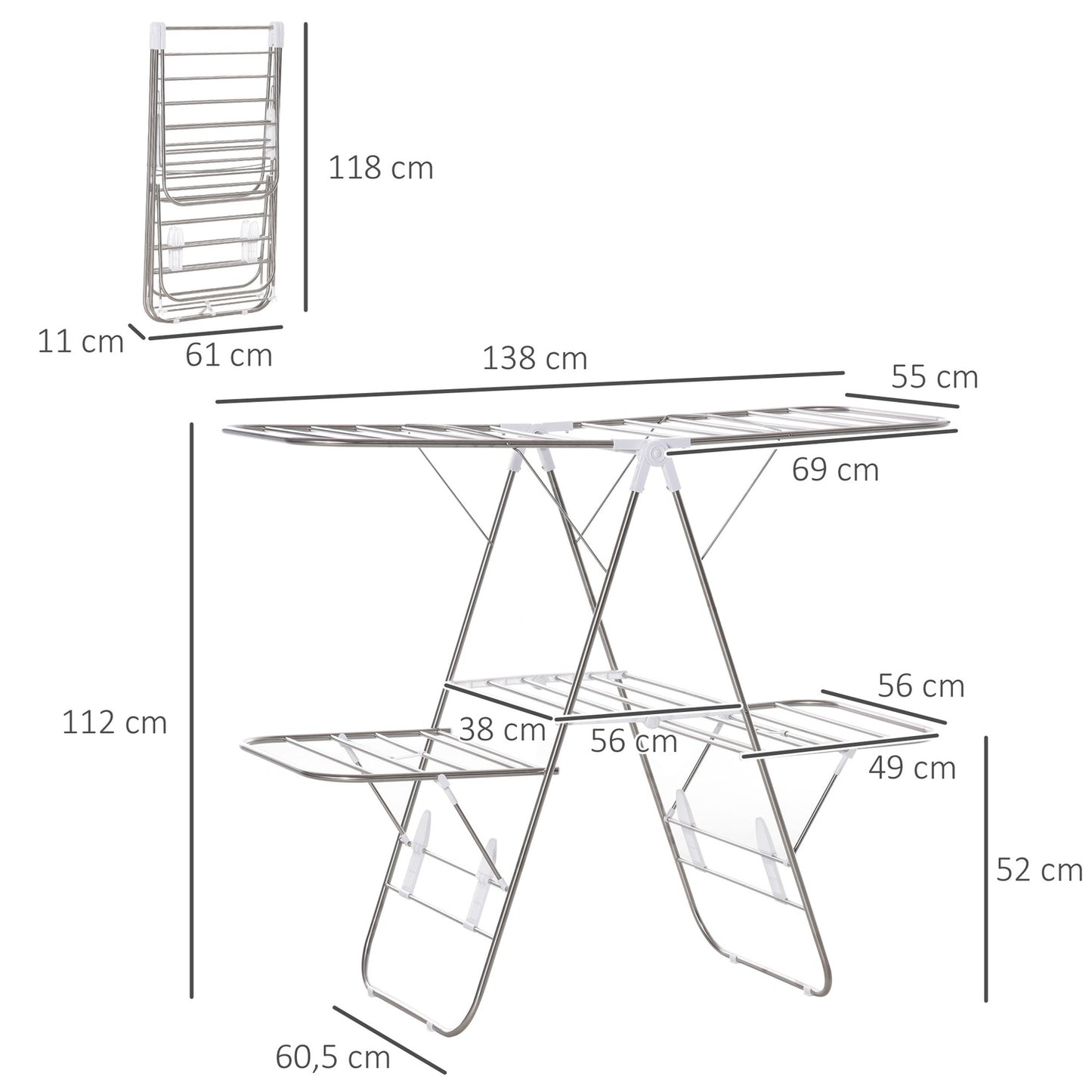 Foldable clothes airer, 3 levels, stainless steel, 138cm