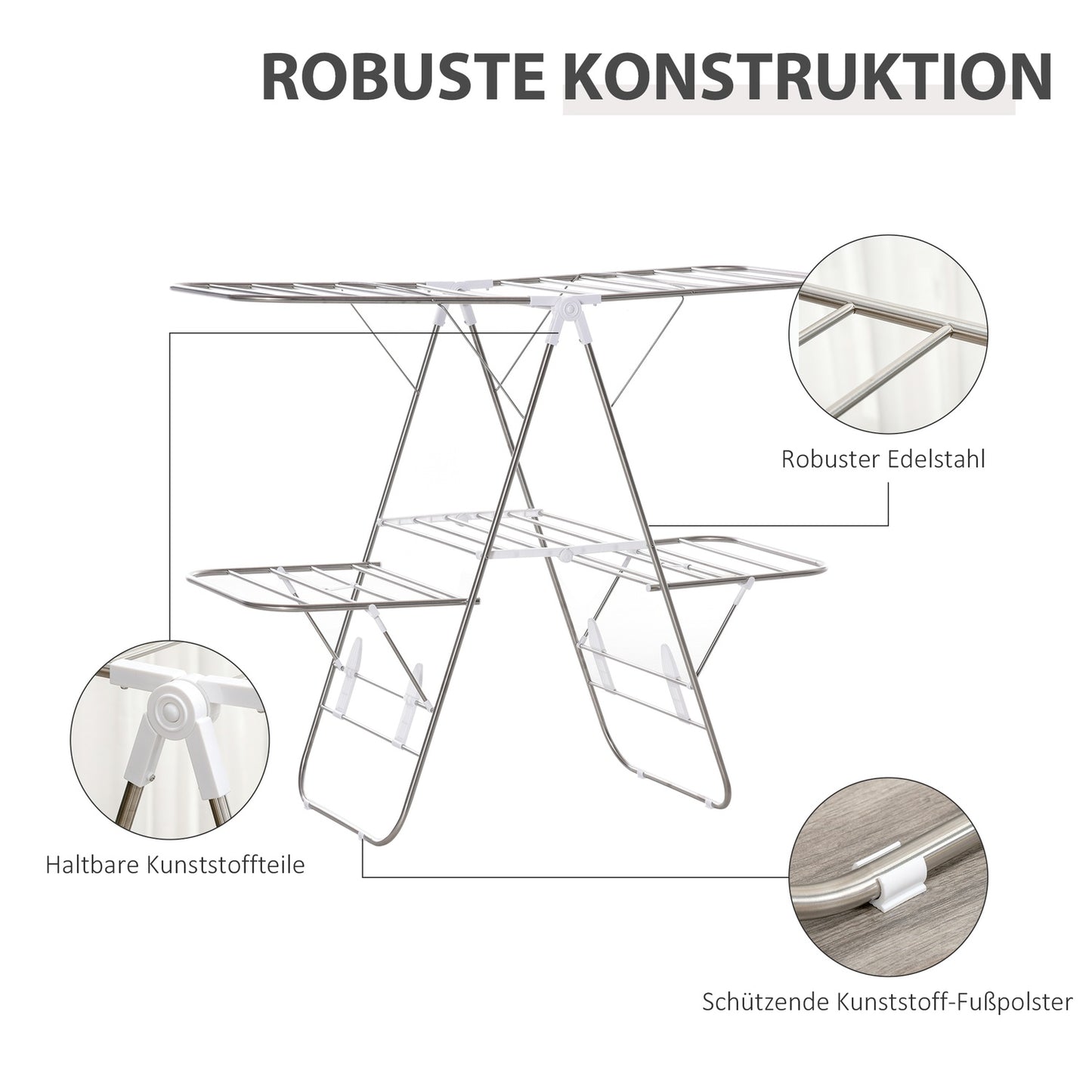 Foldable clothes airer, 3 levels, stainless steel, 138cm