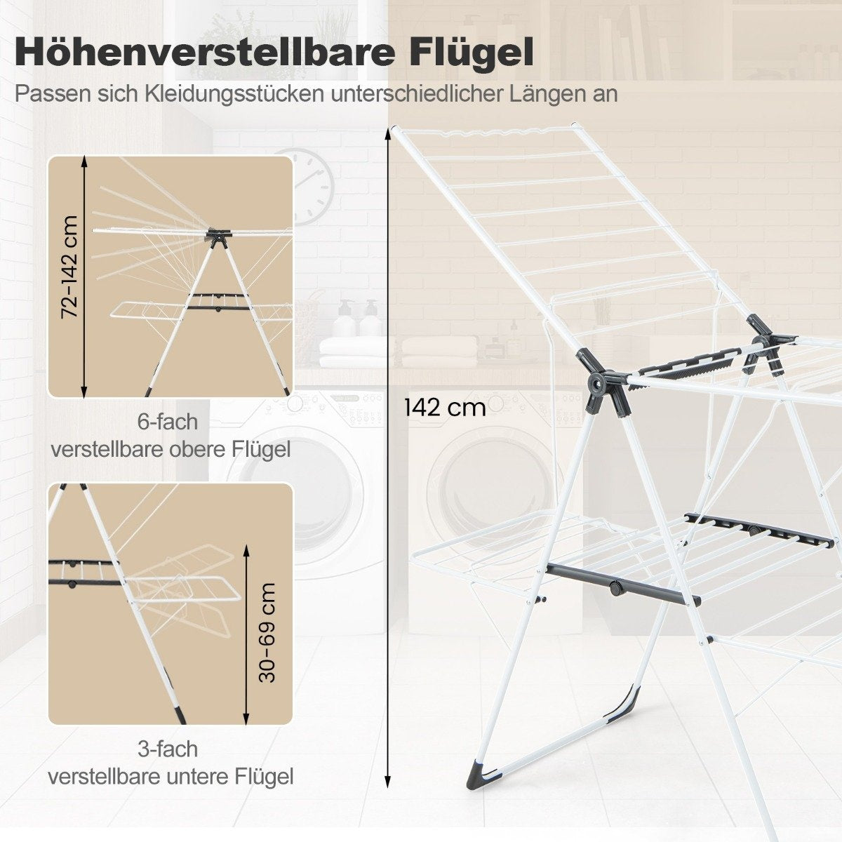 Foldable clothes dryer extendable with 2 levels drying rack laundry tower white