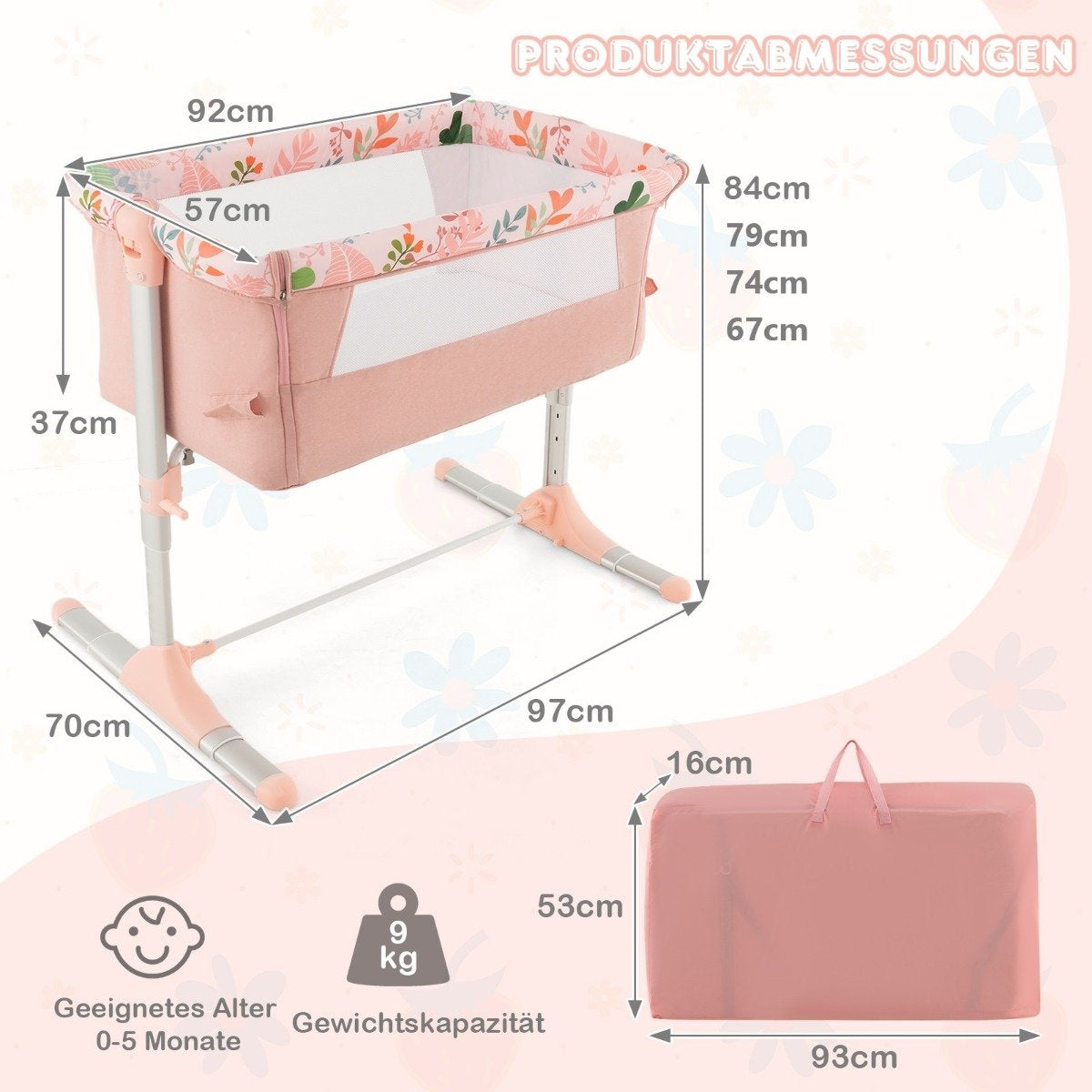Foldable co-sleeping bed with 4 adjustable heights & retractable feet & carry bag