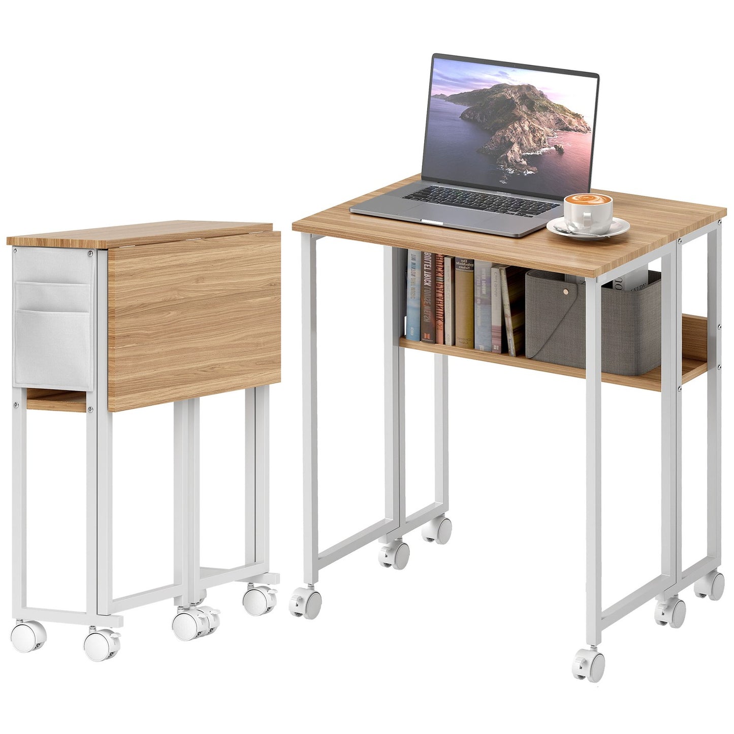 Foldable desk, convertible to side table, open shelf, natural