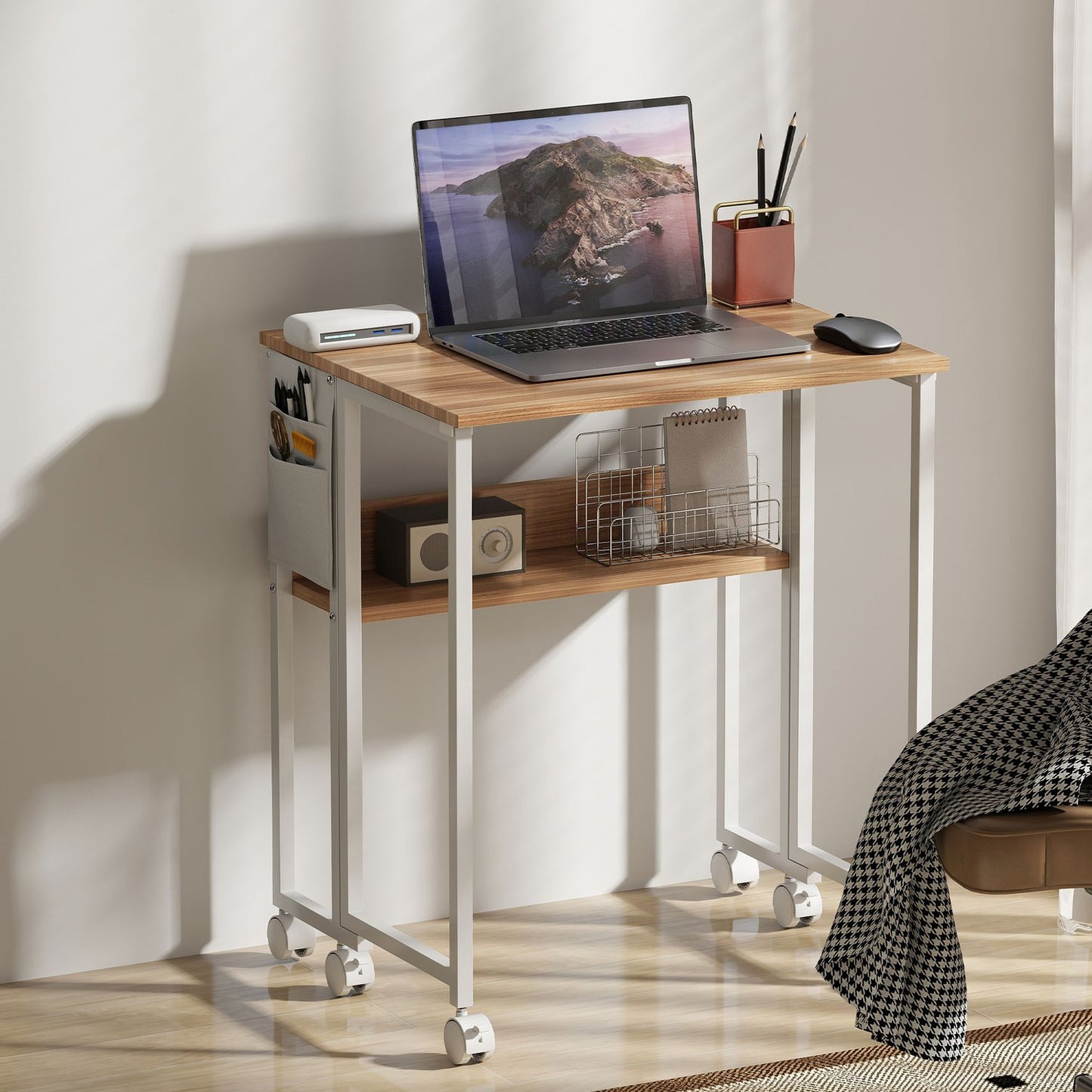 Foldable desk, convertible to side table, open shelf, natural