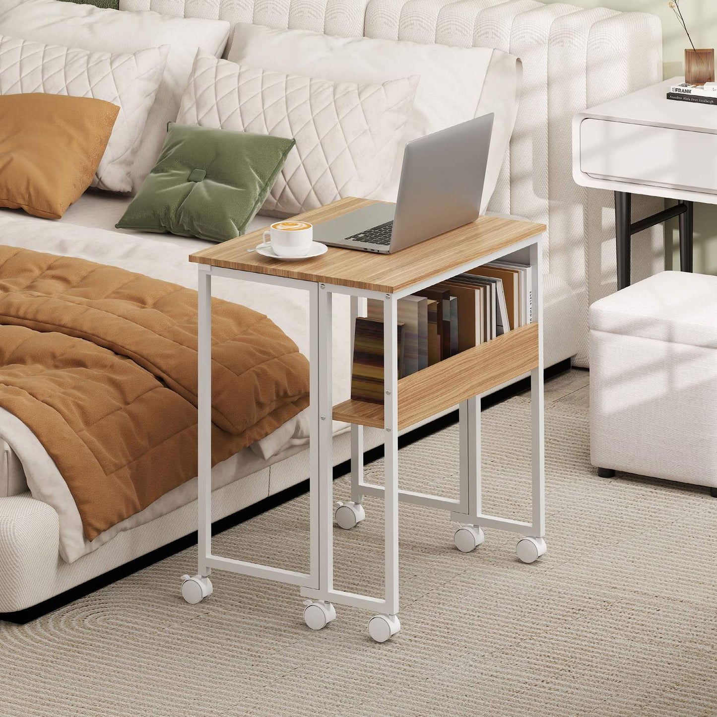 Foldable desk, convertible to side table, open shelf, natural
