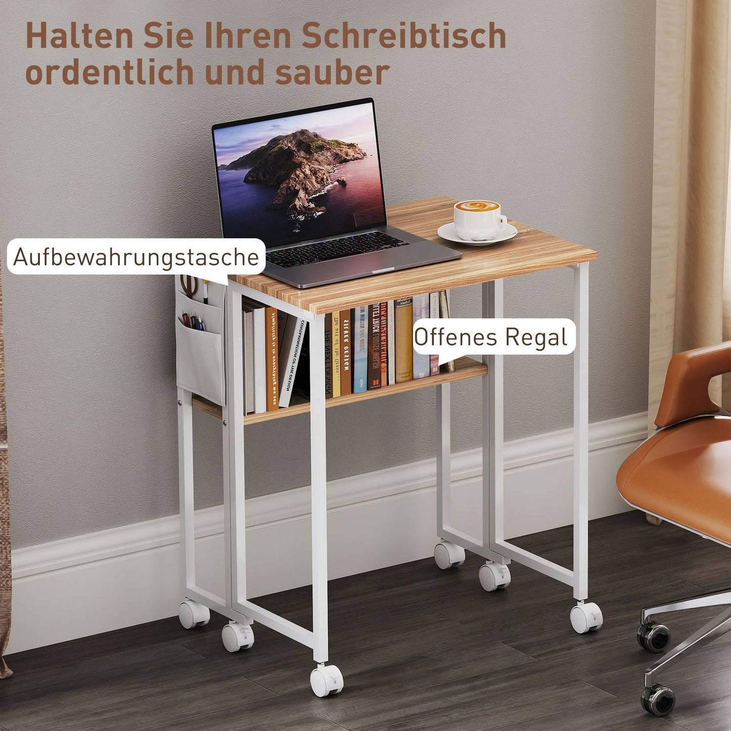 Foldable desk, convertible to side table, open shelf, natural