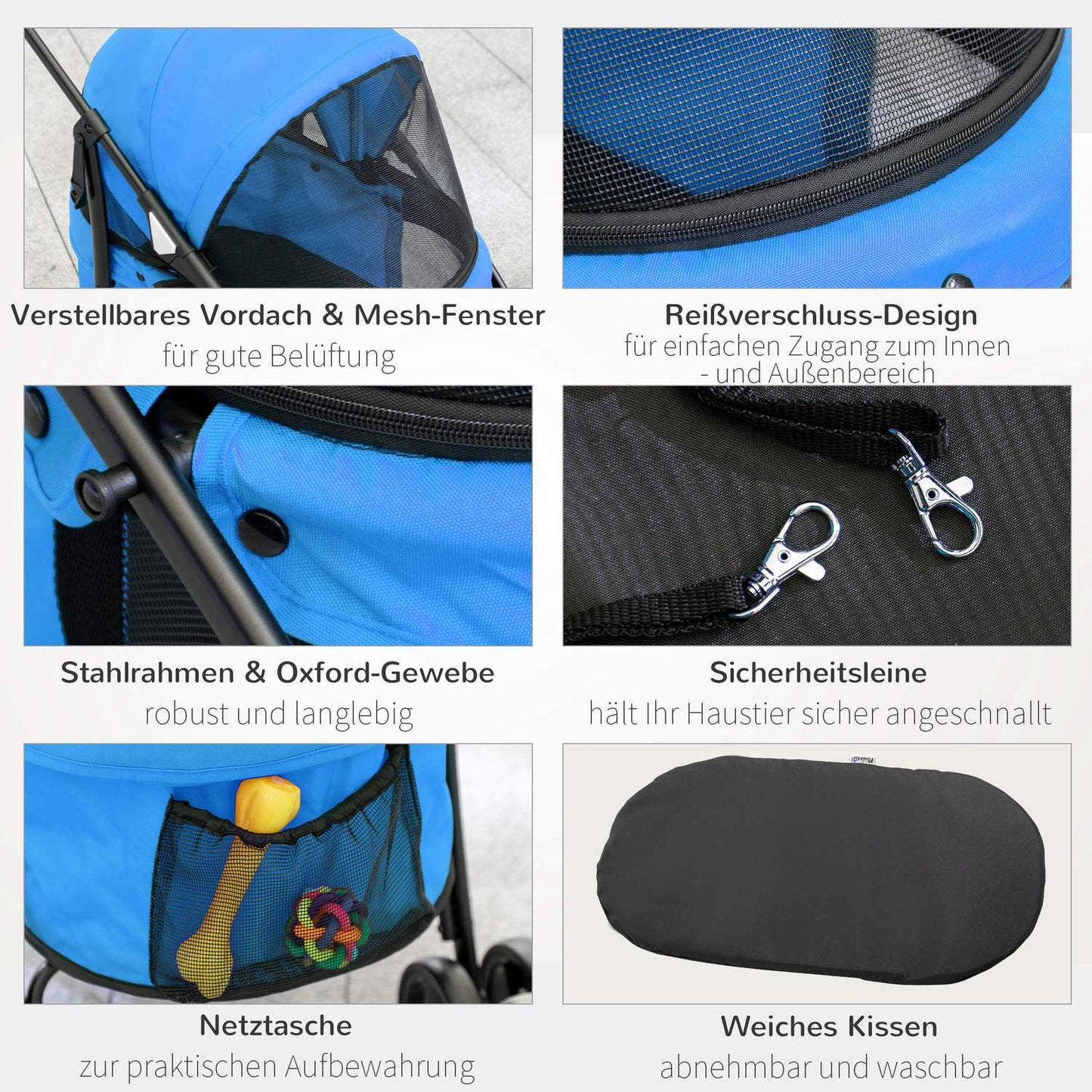 Collapsible dog carriage, mesh window, Oxford blue, safety lines
