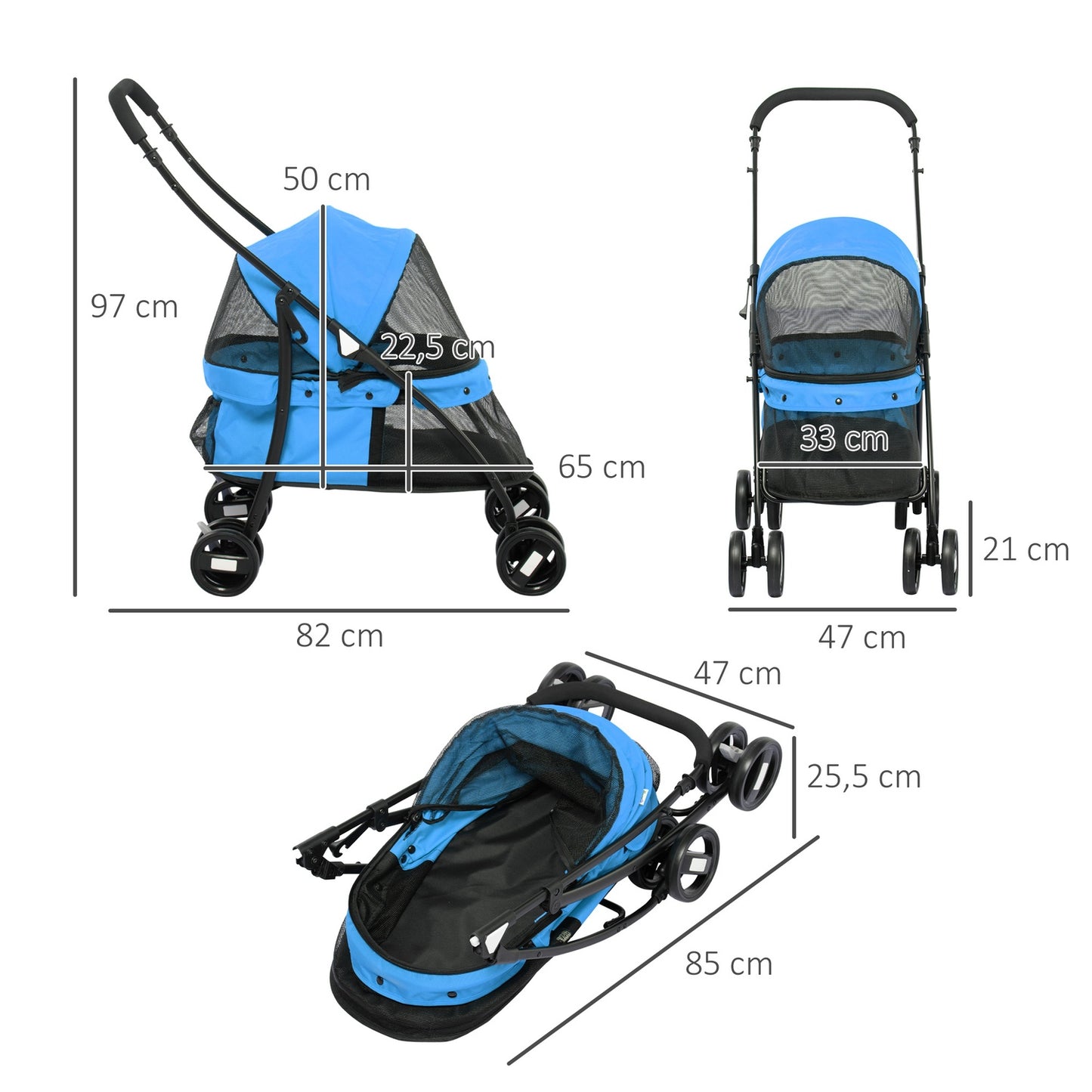 Collapsible dog carriage, mesh window, Oxford blue, safety lines