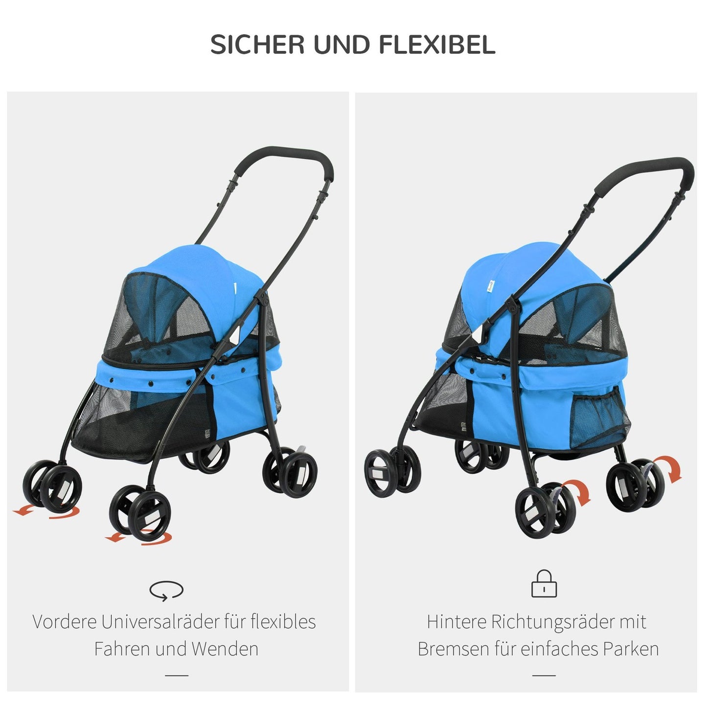 Collapsible dog carriage, mesh window, Oxford blue, safety lines