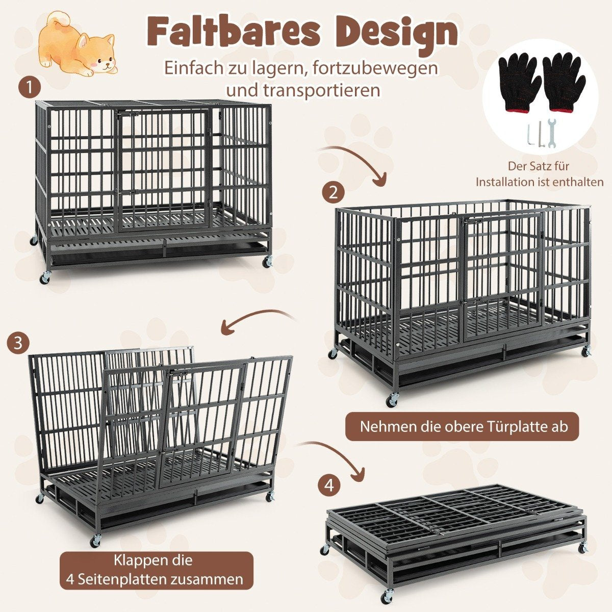 Foldable dog cage with 2 doors &amp; Roles &amp; extendable tray transport cage transport box 120 x 76 x 90 cm