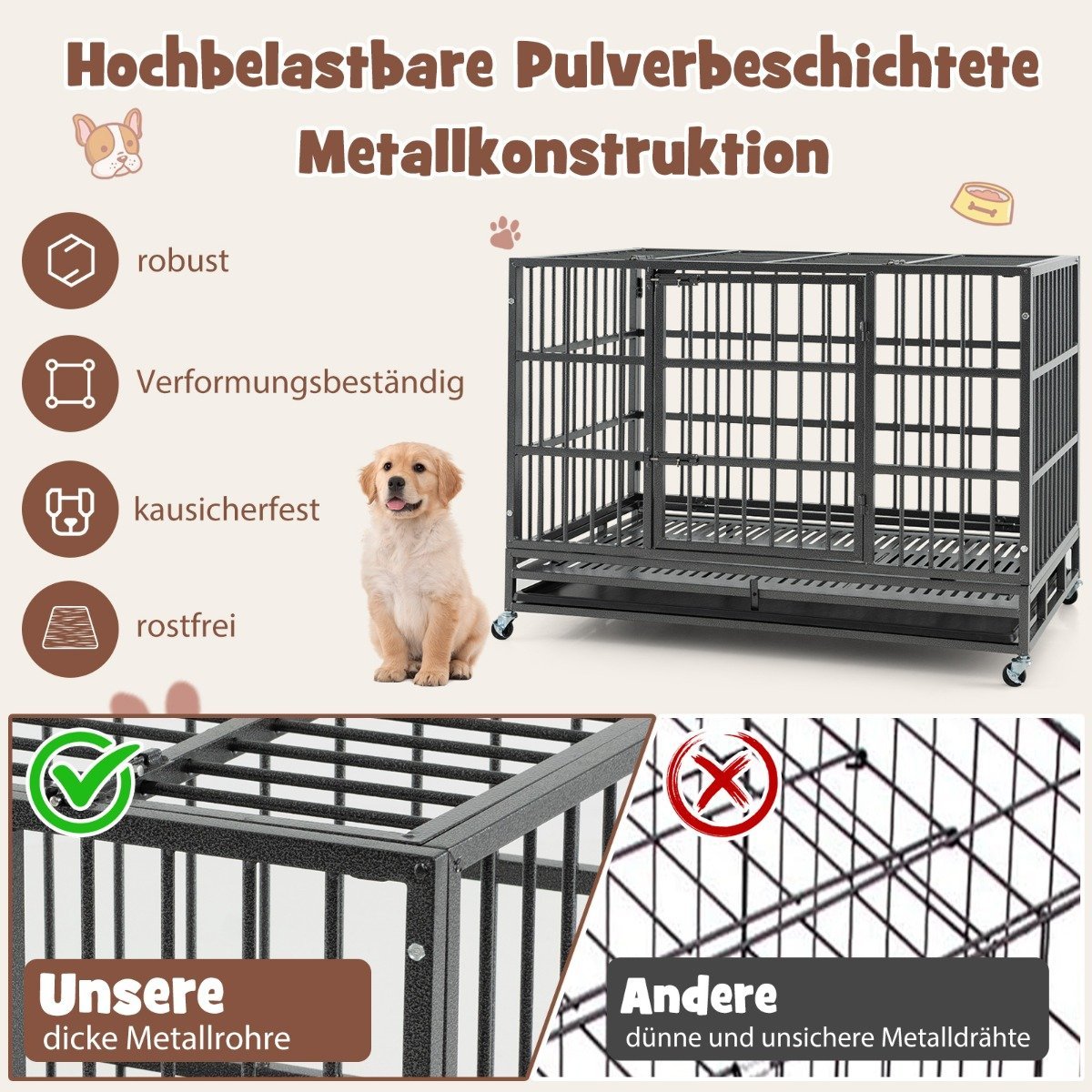 Foldable dog cage with 2 doors &amp; Roles &amp; extendable tray transport cage transport box 120 x 76 x 90 cm