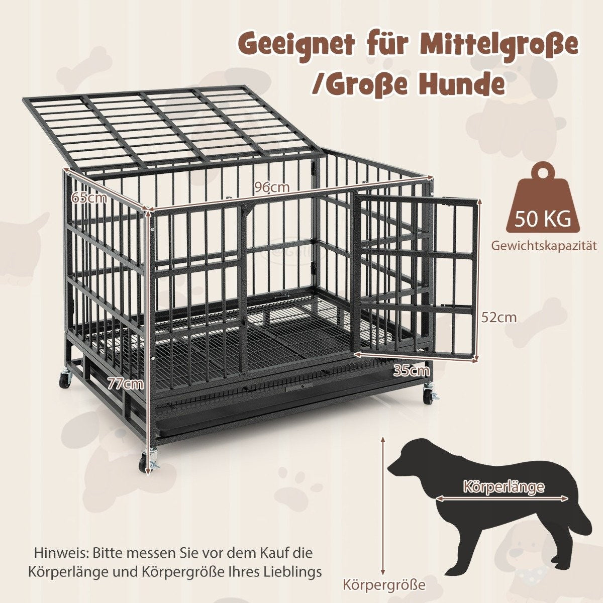 Foldable dog cage with 2 doors &amp; Roles &amp; extendable tray transport cage transport box 96 x 65 x 77 cm