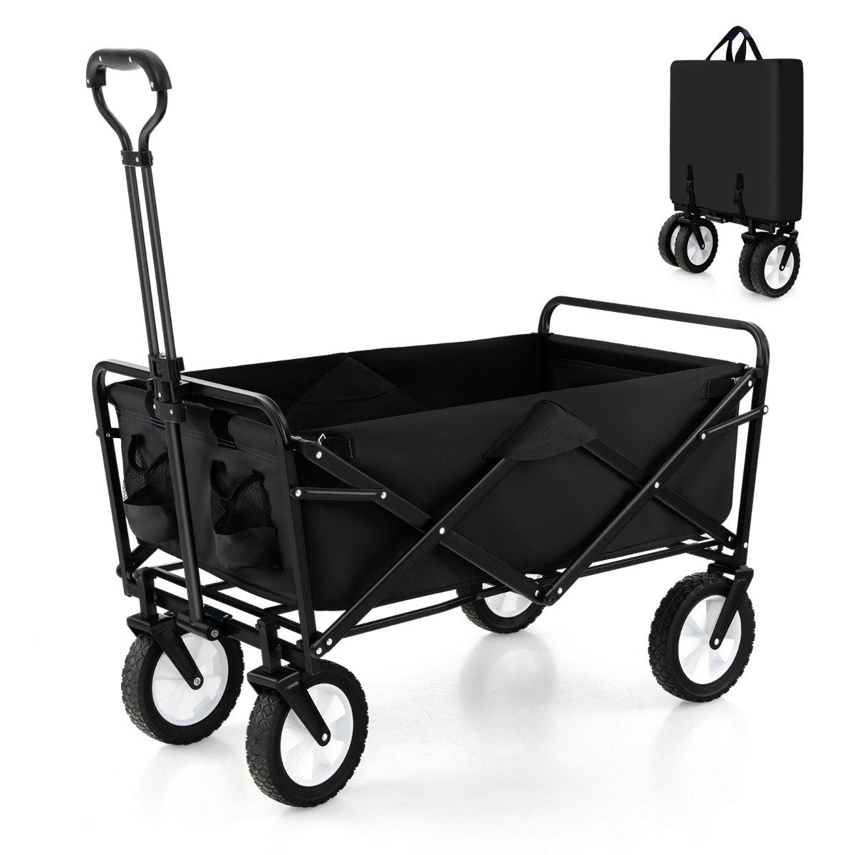 Foldable handcart with adjustable handle and cup holders can hold up to 68 kg for shopping, camping, black
