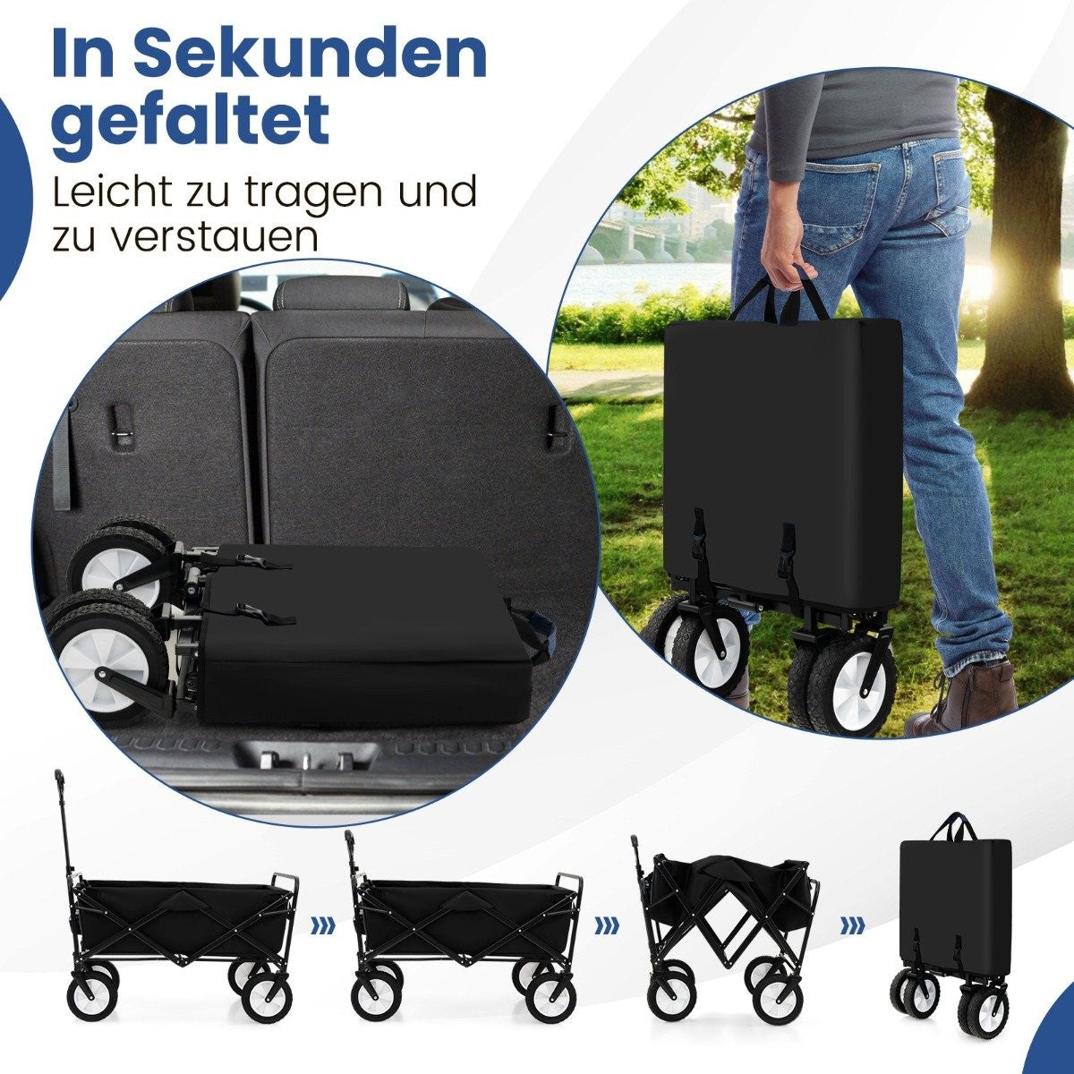 Foldable handcart with adjustable handle and cup holders can hold up to 68 kg for shopping, camping, black