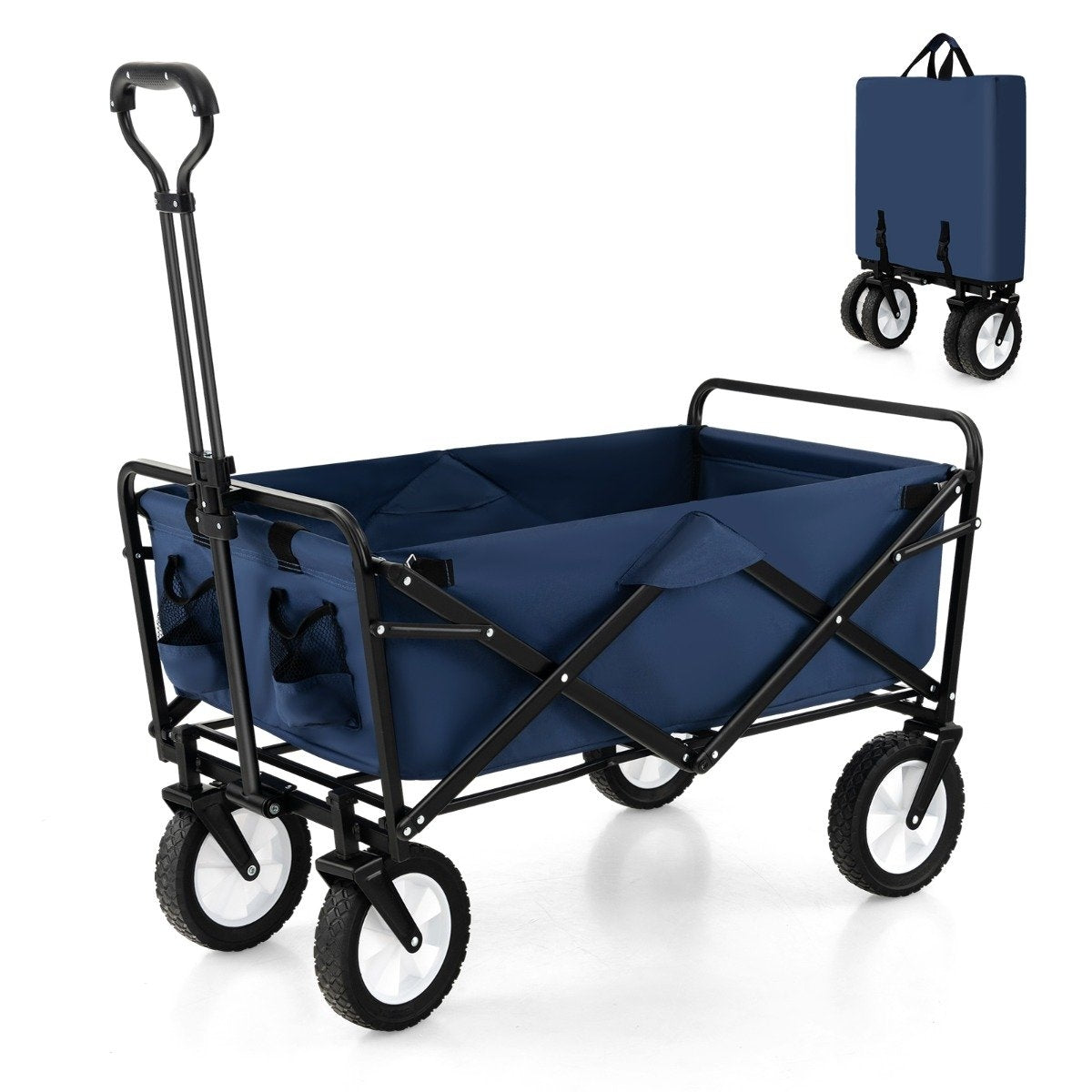 Foldable handcart with adjustable handle and cup holders can hold up to 68 kg for shopping, camping, navy blue