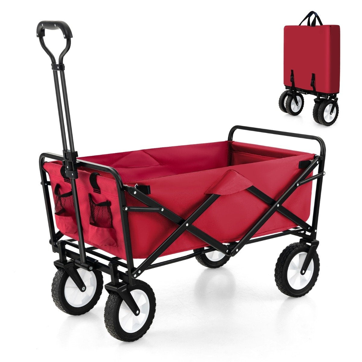Foldable handcart with adjustable handle and cup holders can hold up to 68 kg for shopping, camping, red