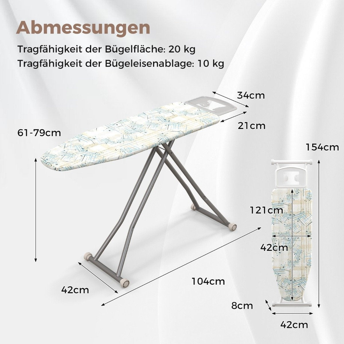 Foldable ironing board with iron rest &amp; 7 Adjustable height ironing table with a load capacity of up to 30 kg, striped L