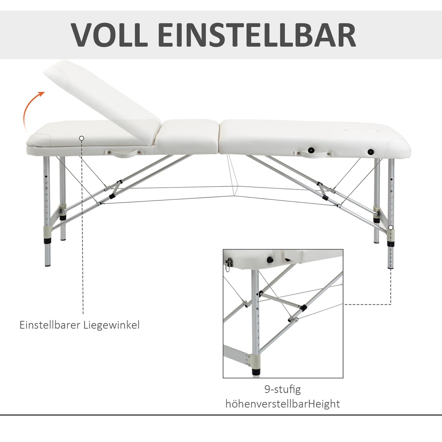 Height-adjustable massage table with cushion, white 215x60 cm