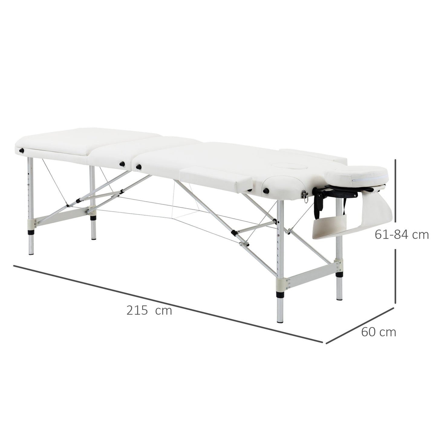 Height-adjustable massage table with cushion, white 215x60 cm