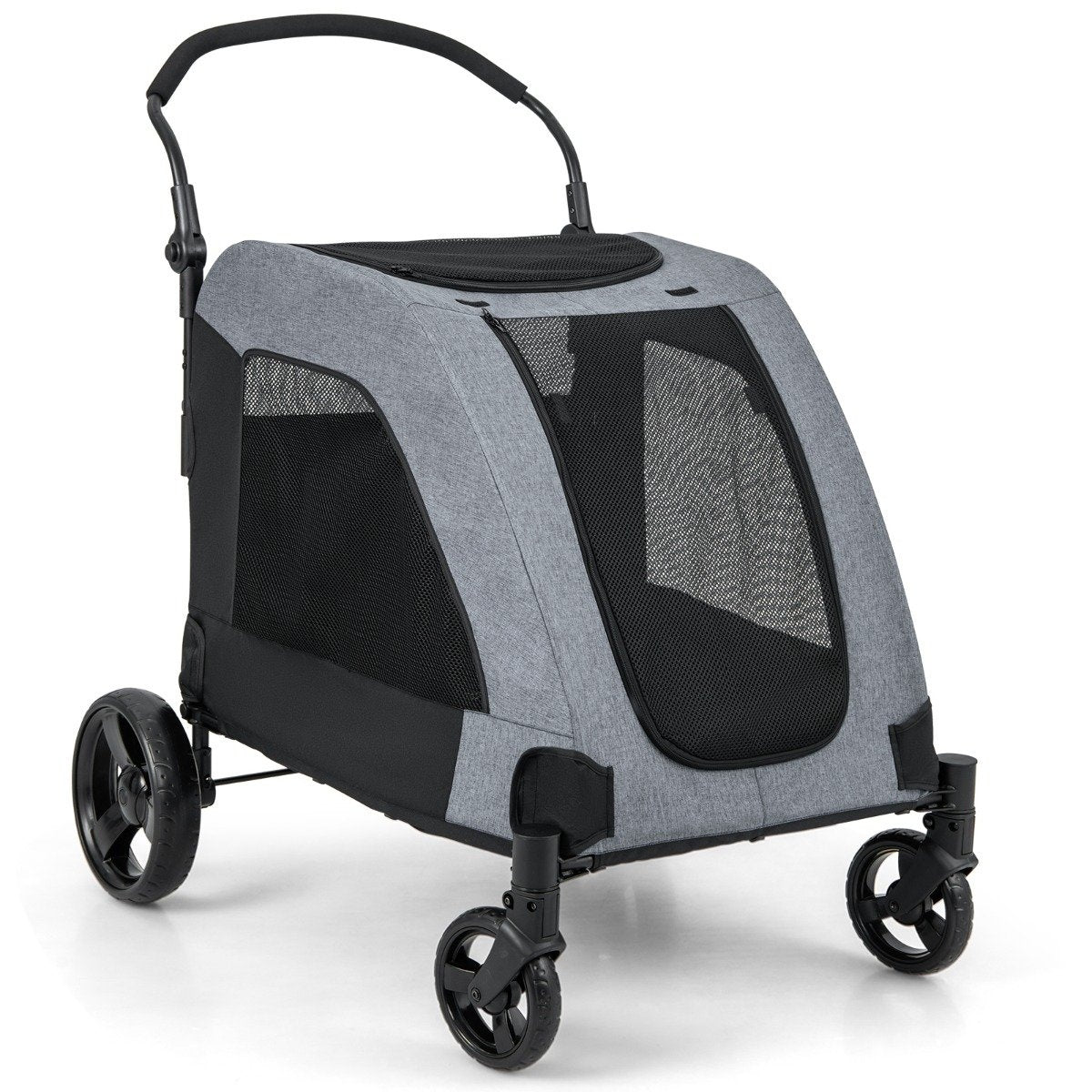 Foldable pet stroller with front door & roof window & adjustable handle. Holds up to 60 kg