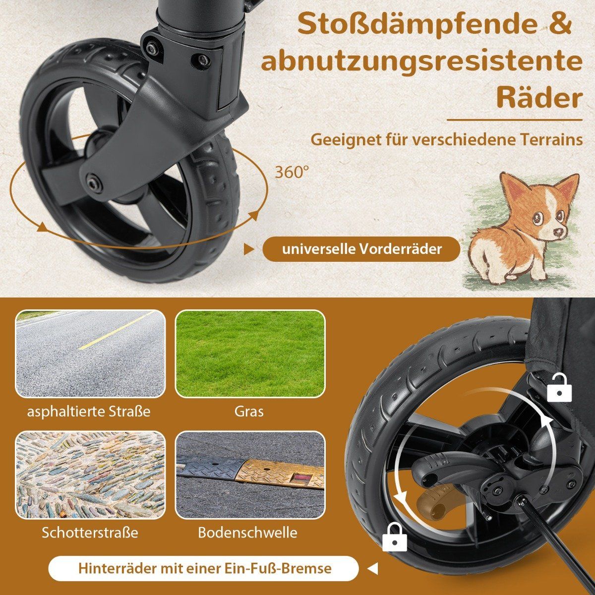 Foldable pet stroller with front door & roof window & adjustable handle. Holds up to 60 kg