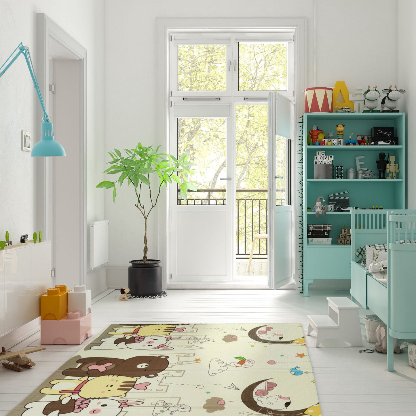 Foldable play mat with animal motifs