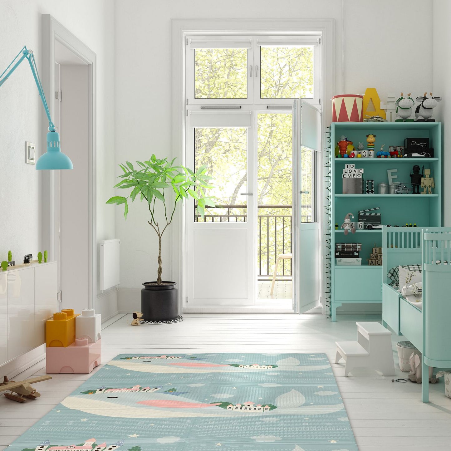 Foldable play mat with animal motifs