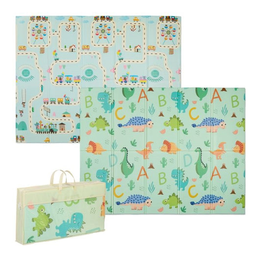Foldable play mat with dinosaur and train