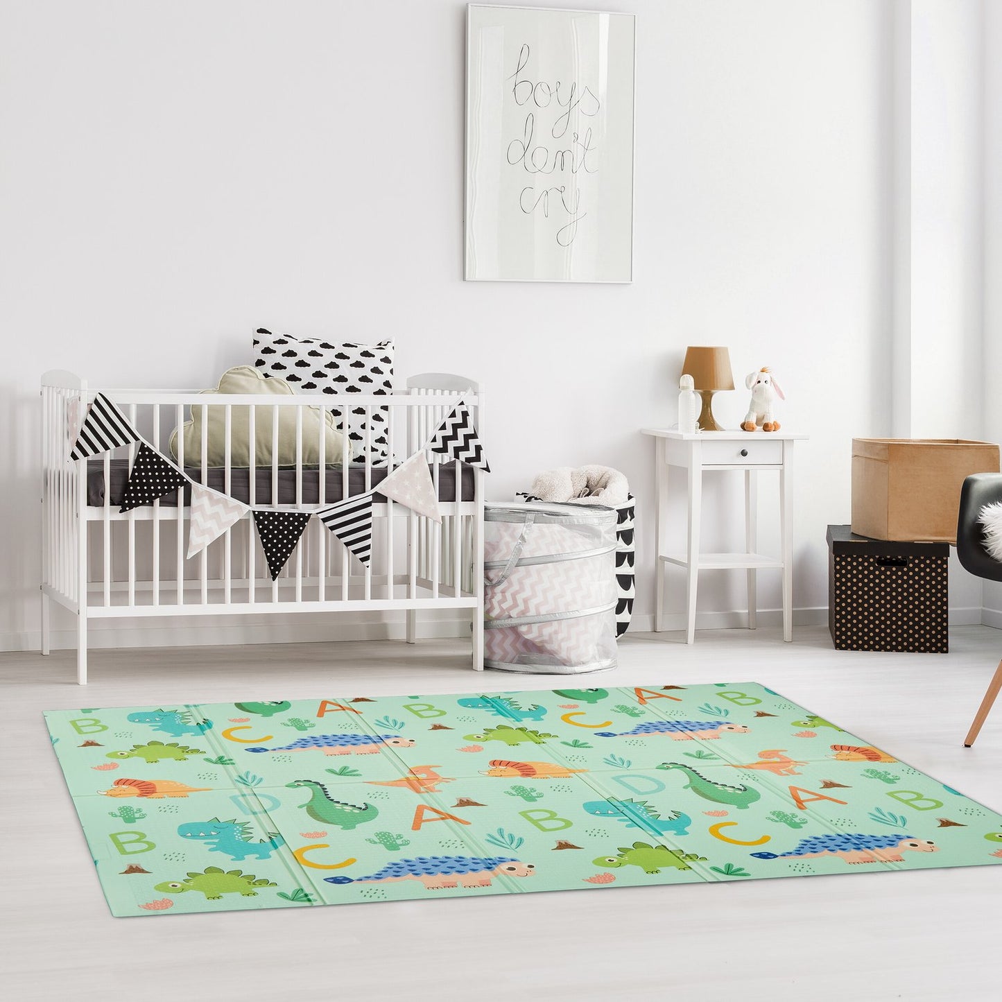 Foldable play mat with dinosaur and train