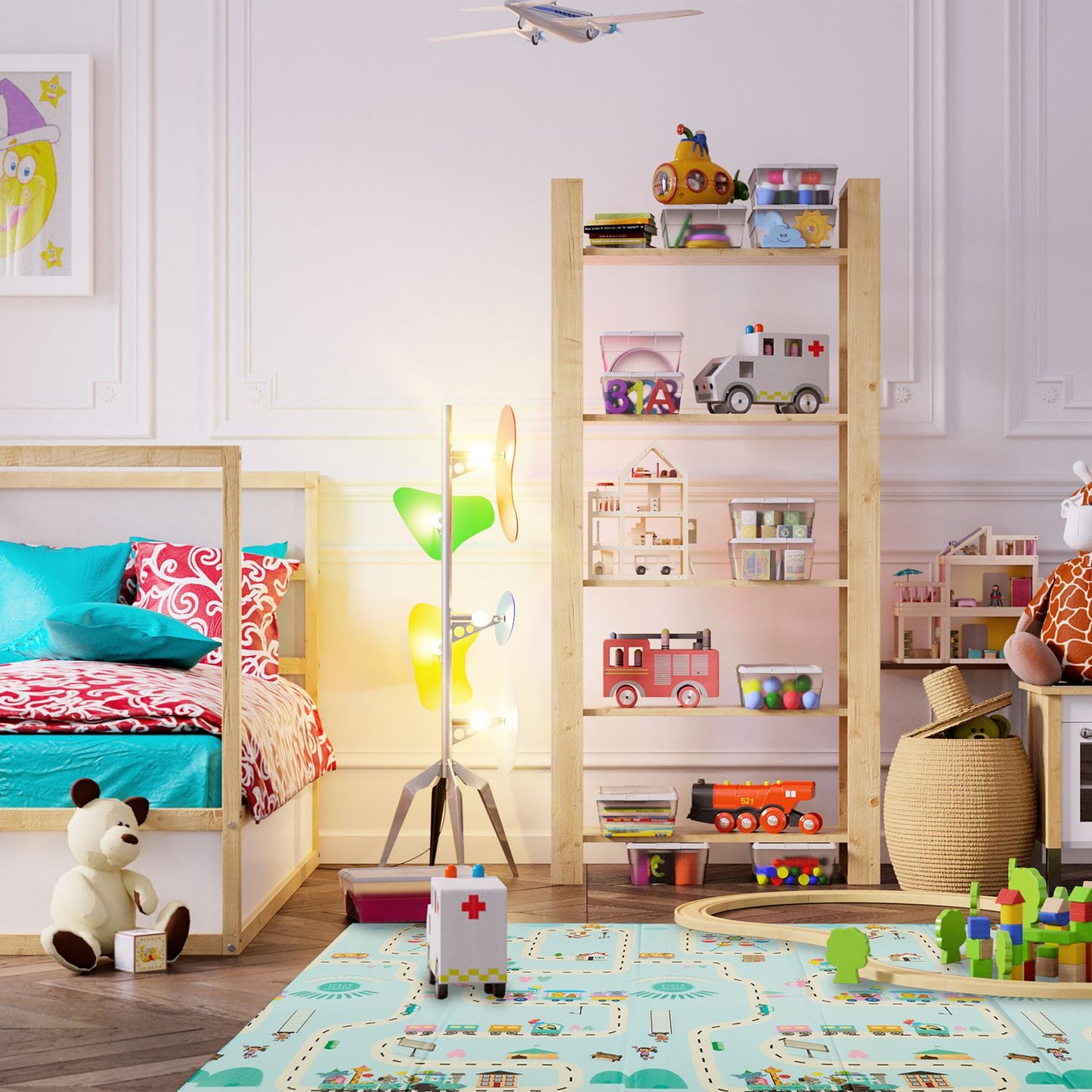 Foldable play mat with dinosaur and train