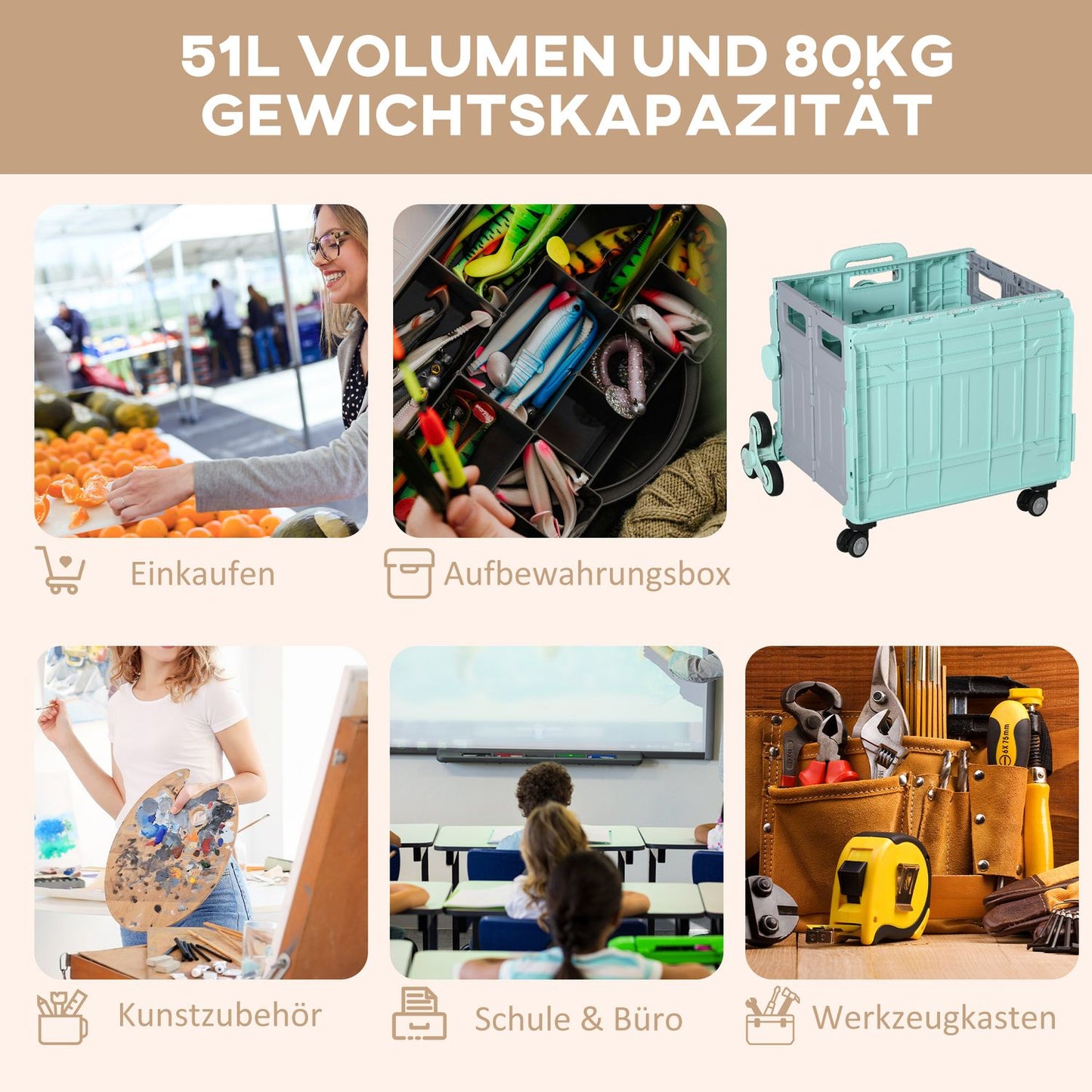 Folding shopping trolley - 80 kg capacity, telescopic handle
