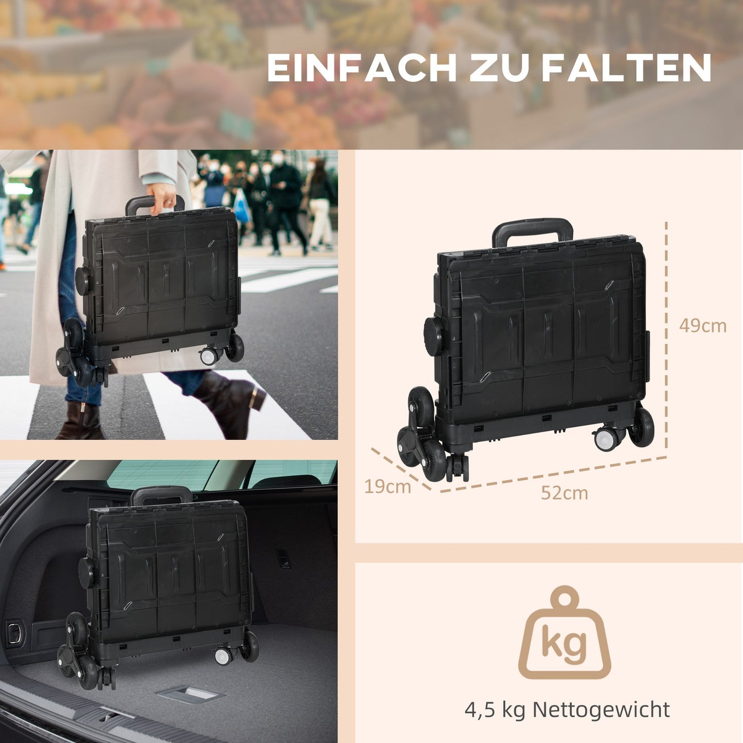 Folding shopping cart, 80 kg capacity, stair climber