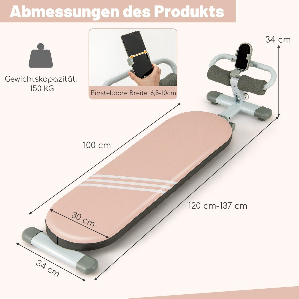 Foldable sit-up bench with 3 adjustable angles and mobile phone holder. Pink training bench.