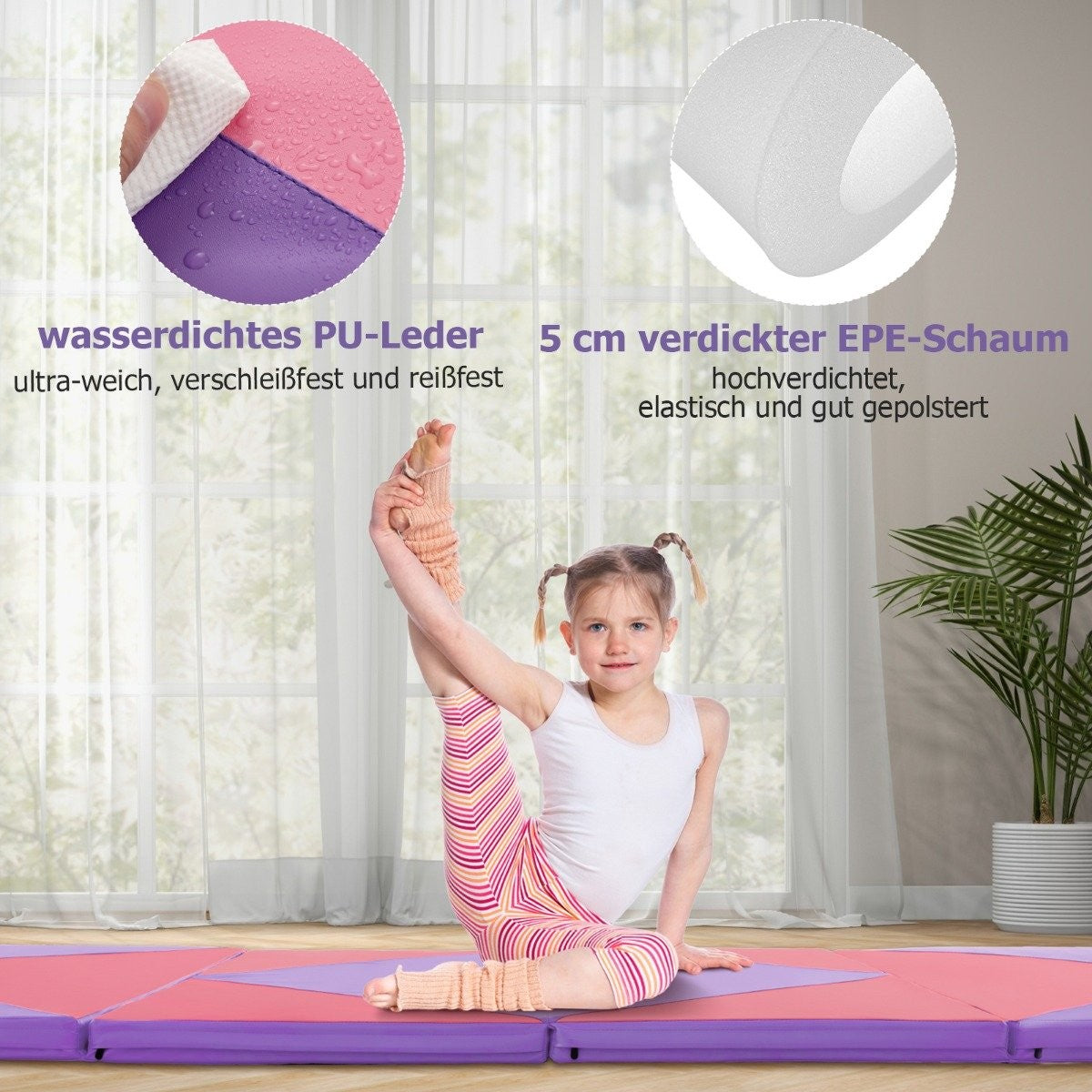 Foldable soft floor mat, portable gymnastics mat, yoga mat, 240 x 117 x 5 cm, purple