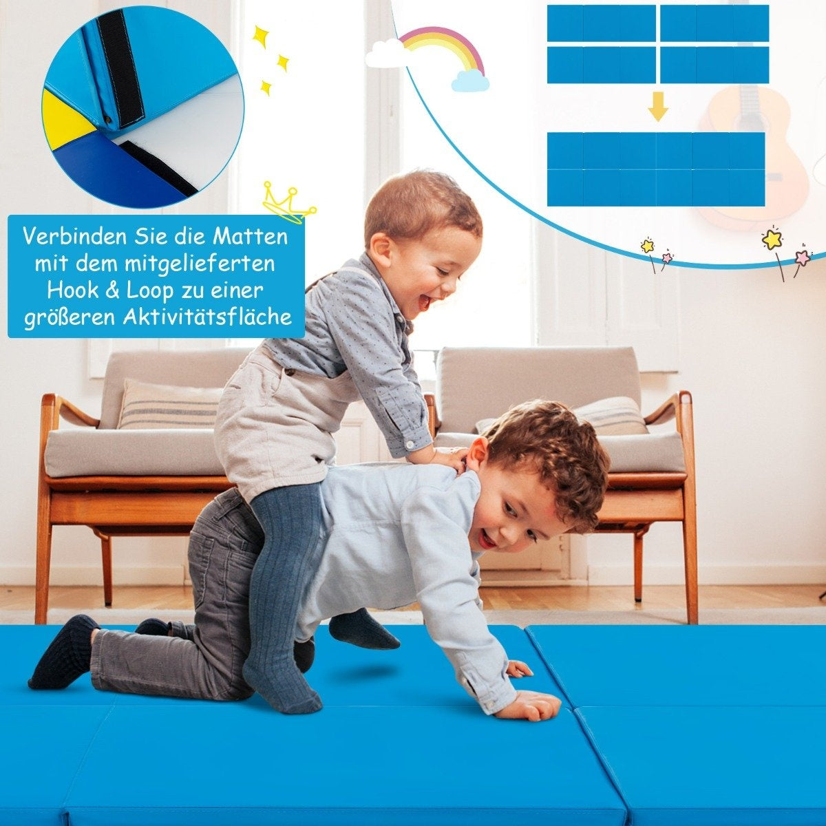 Foldable soft floor mat with 2 handles Non-slip gymnastics mat 180 x 60 x 5 cm Blue